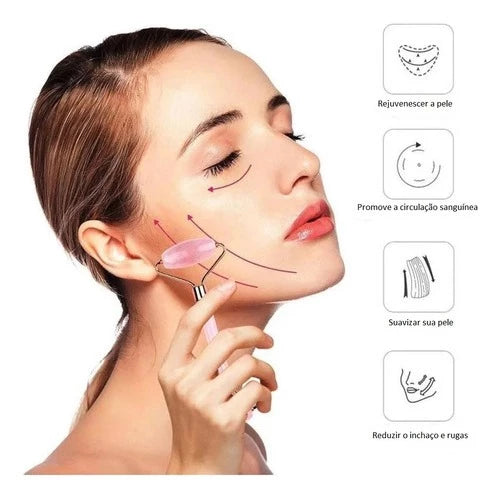 Massageador Facial Roller Pedra Gua Sha Jade Anti Rugas Rosa