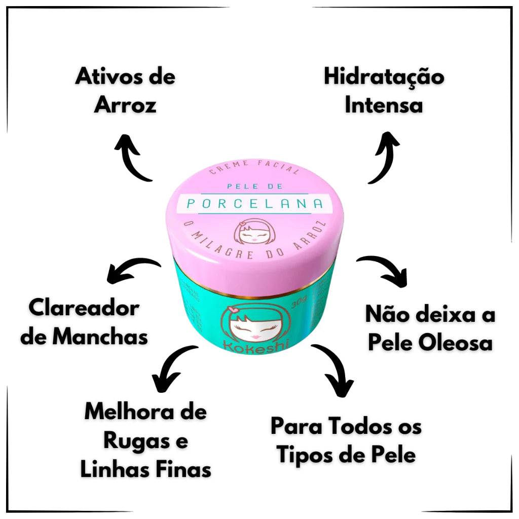 Creme Hidratante Facial Pele de Porcelana Kokeshi Rosa Mosqueta e Extrato de Arroz | 30g