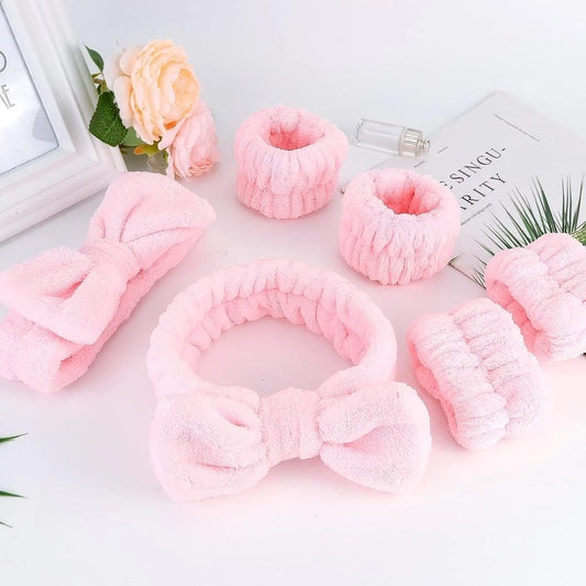 Kit 3 Peças – Faixa de Cabelo para Skincare com Laço + 2 Toalhas de Pulso para Maquiagem e Limpeza Facial