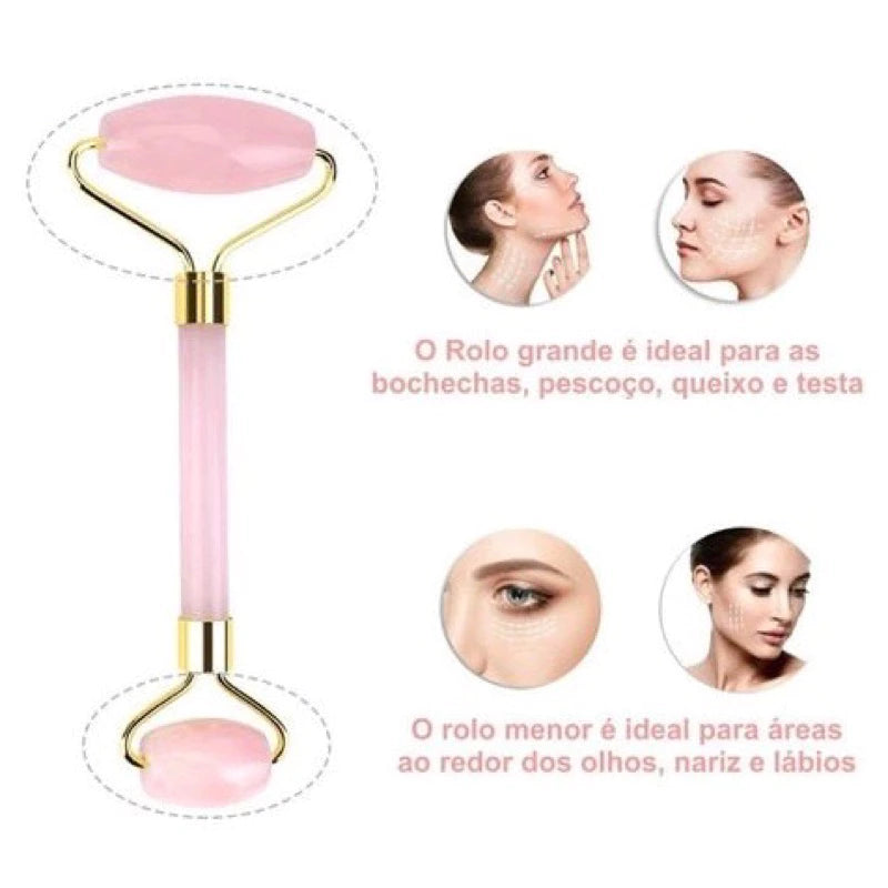 Massageador Facial Roller Pedra Gua Sha Jade Anti Rugas Rosa